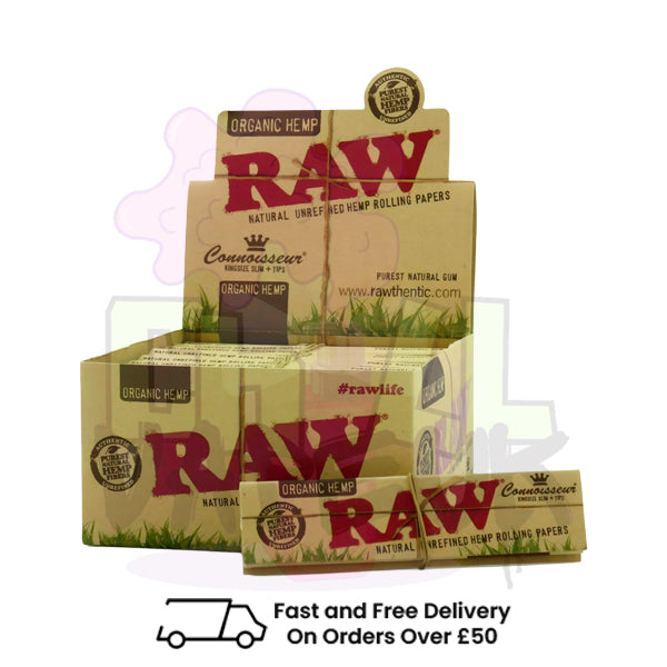 RAW Organic Hemp Connoisseur King Size Slim Rolling Papers 24 Booklets + Tips