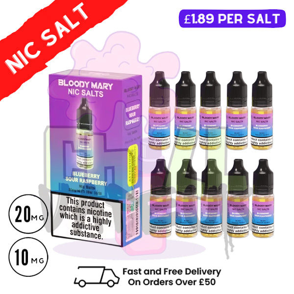 Blueberry Sour Raspberry Bloody Mary Nic Salt Box of 10