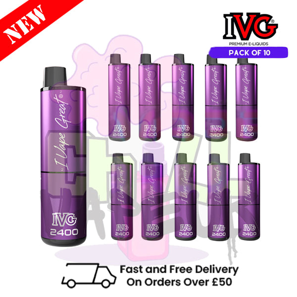 Box Of 10 - GRAPE ICE IVG 2400 Disposable Vape Pen Kit