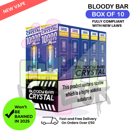 Blue Razz Bear Bloody Bar Crystal 10K Puff Box Of 10