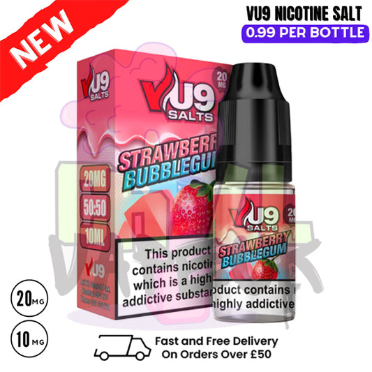 Strawberry Bubblegum Nic Salt 10ml Nicotine E Juice by VU9 - 99p Eliquid